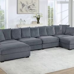 Brand New Super Plush Grey Corduroy Sectional Sofa (Pillows Included)