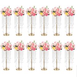 Set Of 12 21.7 in/ 55 cm Flower Stand Wedding Centerpieces for Tables,Metal Vases with Crystal Pendant,Gold Flower Display