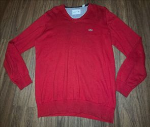 Lacoste Mens Red Cotton V-Neck Sweater Classic Fit Size 5 Large