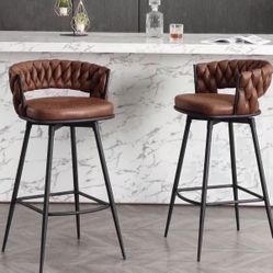 Modern Bar Stools Set of 2, 30" Bar Height Barstools, 180° Swivel Suede Fabric Stool Chairs with Woven Back and Footrest for Kitchen Island, Cafe, Pub
