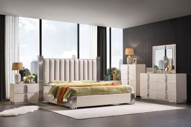 Brand new cream leather air queen modern bedframe + dresser + LED mirror + nightstand with chrome or gold accents