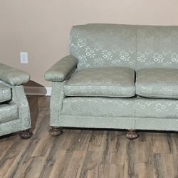 Vintage 1950's Sage Green Floral Couch/Sofa & Arm Chair (Selling as a set)