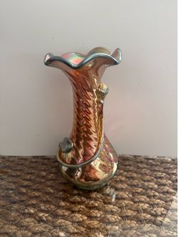 Vintage 9.75" Marigold Carnival Glass Jack-in-the-Pulpit Vase with Applied Serpent