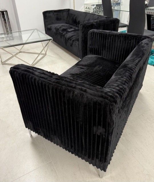 Sofa And Loveseat Black Corduroy Set 2 Pcs Living Room 