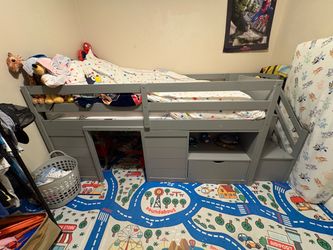 Twin loft bed shelves stairs window drawer