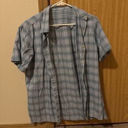 Blue and white plaid button-up shirt