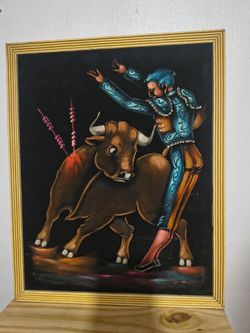 MID CENTURY BLACK VELVET ARTWORK - MATADOR - FG 18"×15"