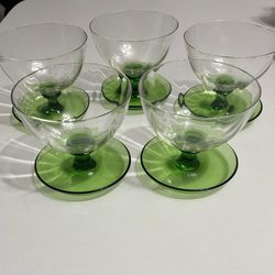 Set of 5 Green Dessert/Sherbet Glasses w/Saucer