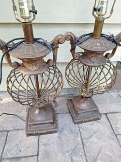 Two 32 inc brass table lamps