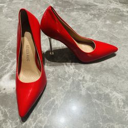 Azalea Wang 8 Apple Red Pumps 4.25” Stiletto Clear Heels Patent Leather