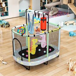 55" 7-in-1 Round Trampoline for Kids Boys & Girls Ages 1-8, Indoor & Outdoor Trampoline for Fun, Adjustable Height Handrail ＆ Enclosed Safety Net ＆ Du