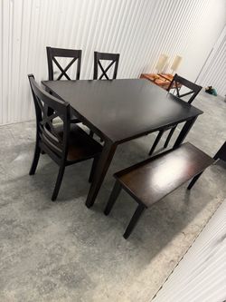 Dark Wood Dining Table Set with Chairs and Bench
