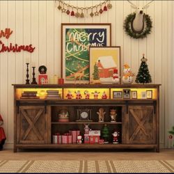 Farmhouse TV Stan d for 80 inch TVs, Rustic Entertainment Center T V Cabi net Stan ds with Power Outlets and LED lights