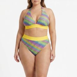 YPDY Neon Chevron High Waisted Bikini Set XXL 80s Retro Rave Swimsuit NWT