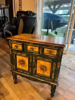 Hand-Painted Floral Wood Cabinet with Drawers 26x16x29”