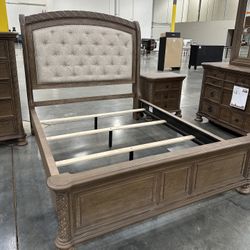 New Wooden Bed Frame With Beige Fabric Padded Headboard - Queen / King / California King