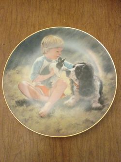 Decorative Collector Plate Boy Dog and Rabbit