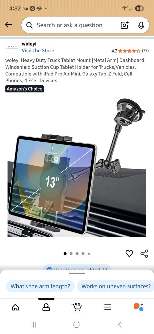 Heavy Duty Truck Tablet Mount, Metal Arm Dashboard Windshield Suction Cup Tablet Holder