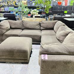 Brown Fabric Sectional With Ottoman 