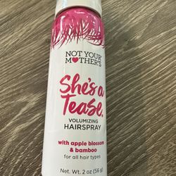 NOT YOUR MOTHER'S Shes a Tease. VOLUMIZING HAIRSPRAY with apple blossom & bamboo for all hair types Net. Wt. 2 oz (56 g)