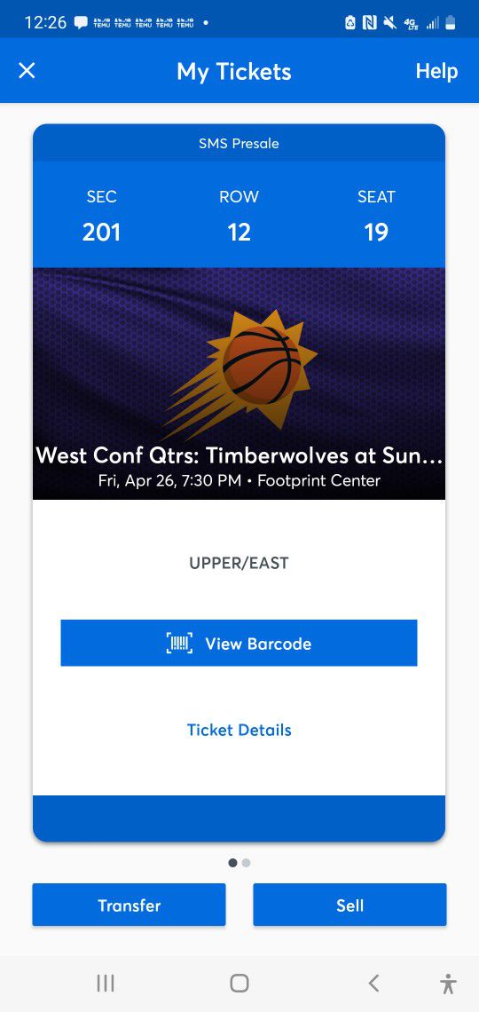 Suns Home Playoff Tickets Friday 4/26 Sec 201