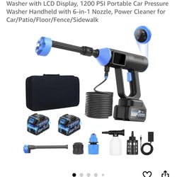 Cordless Pressure Washer, 2*4000mAh Electric Power Washer with LCD Display, 1200 PSI Portable Car Pressure Washer Handheld with 6-in-1 Nozzle, Power C