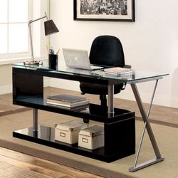Brand New Black Modern Style Glass Metal Open Shelf Desk