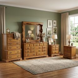 Bedroom Set Oak Dresser Mirror Highboy Nightstands