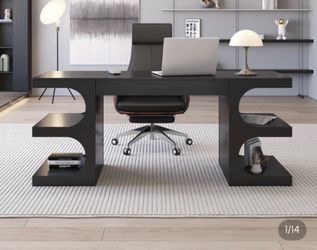 Large Black Executive Desk with Side Shelvesi