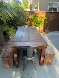 Rustic Solid Wood Outdoor Dining Set with Benches & Cover