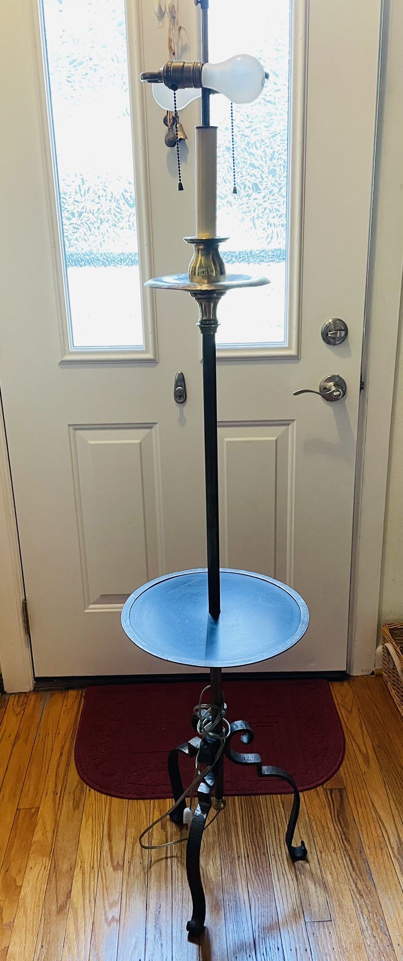 Vintage wrought iron & brass table floor lamp, double light very unique