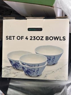 Servappetit Set of 4, Ceramic Bowls, 23 oz, White with a Splash of Blue, Great for Pasta, Cereal, Rice, Ice Cream or any of your favorites