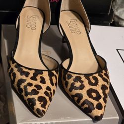 Franco Sarto Pointed Toe d'Orsay Pumps in a Leopard Haircalf Pattern. 