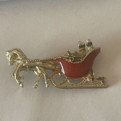 AAI, VTG Women's Gold & Red Christmas Horse Sleigh Brooch Pin, Size 2”x 1”