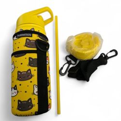 Fahrmosis Kids Water Bottle 18oz Yellow Cat Sleeve With Strap