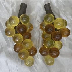 Pair Mid-Century Modern Lucite Grapes in Amber and Yellow Glass on Wooden Stem