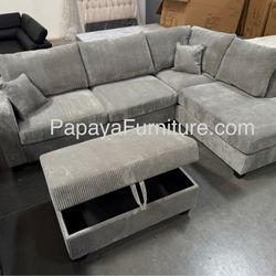New 106” Plush Sectional Sofa With USB Charger,Cordoroy Couch, Grey Sofa, Grey Sectional, Grey Couch, Light Grey Sofa Couch And Storage Ottoman, Couch