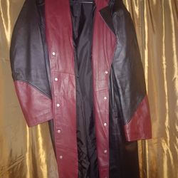 Leather Black And Red Coat With Hood 