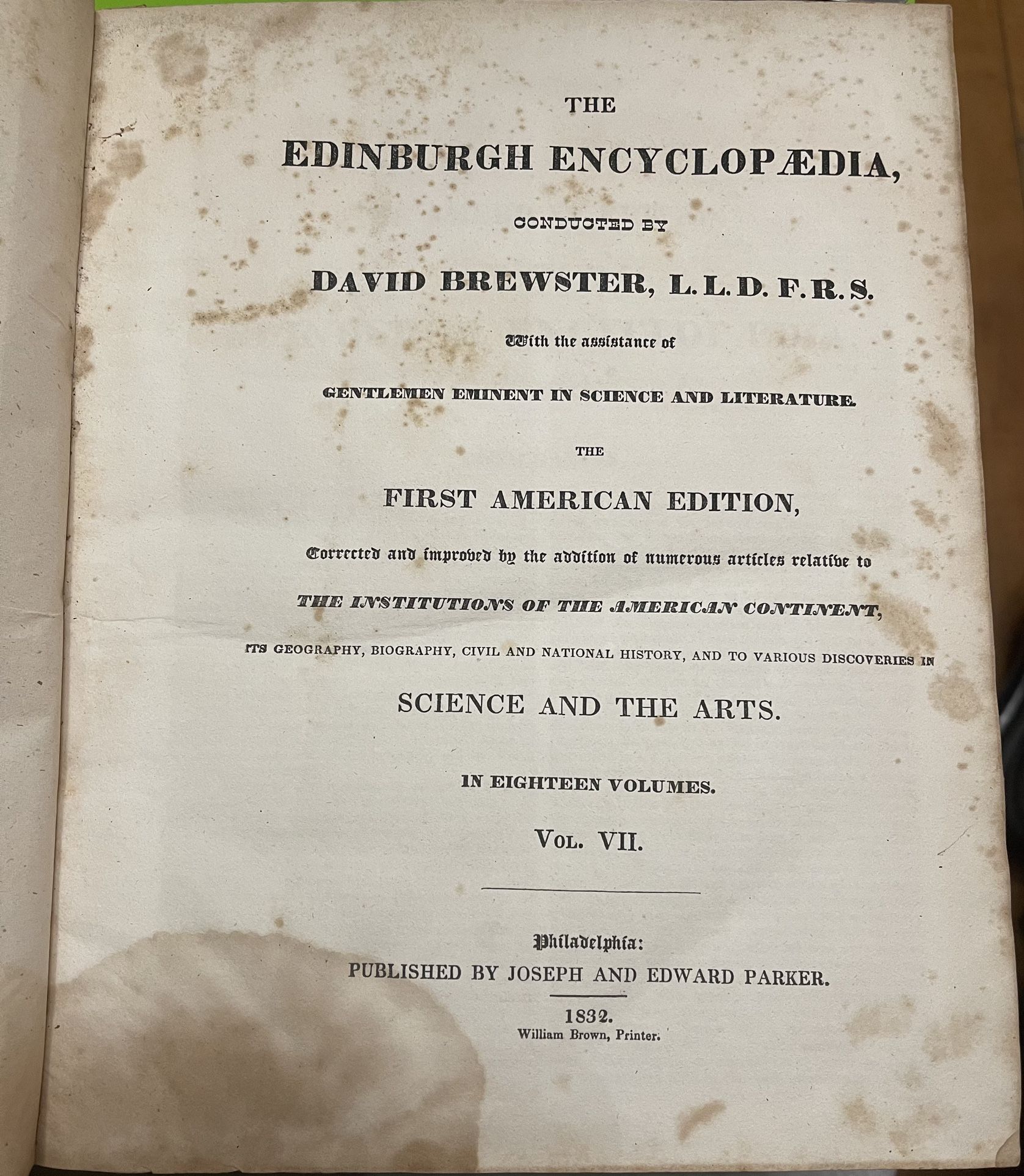 RARE 1832 Edinburgh Encyclopedia, First Edition Vol V11 Brewster Encyclopedia
