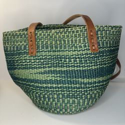 Handwoven Green Straw Tote Bag with Leather Handles