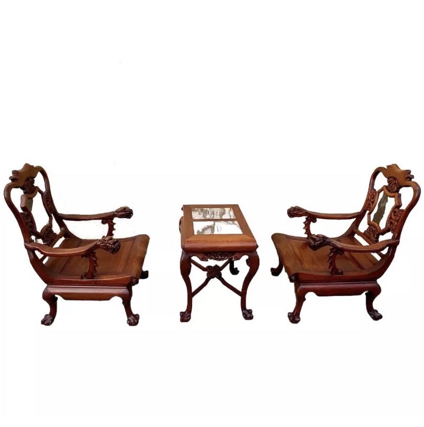 Vintage Hand-Carved Hardwood Marble Chinese Dragon Arm Chairs & Table Set
