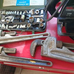 Various Tools Red Toolbox Wrenches Socket Set Craftsman Saw