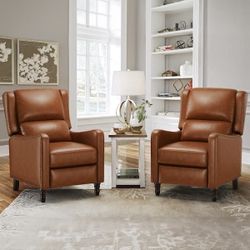 Camel Brown Recliner Chair - Classic Faux Leather Armchair for Living Room. Set of 2.