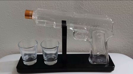 Whiskey Decanter Glass Pistol and two Glass Cups and stand