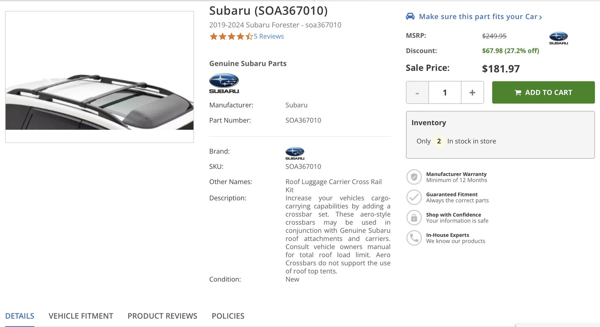 Subaru Forester Crossbar Kit 2019-2024