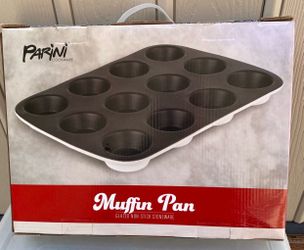 Parini 12 Cup Muffin Pan Nonstick Glazed Stoneware Baking Tray Black White