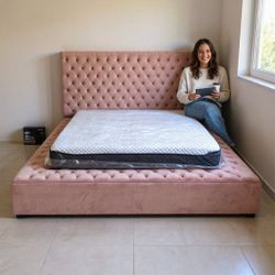 Bliss Square Pink Velvet King Storage Platform Bed
