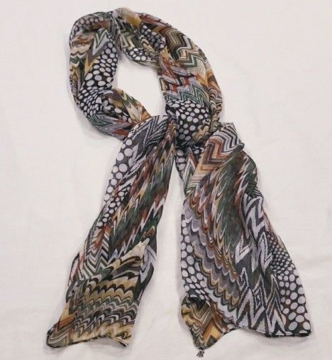 NWT 2 CHIC Scarf- Sheer material w/ zigzag & polka-dot pattern with "2" Charm