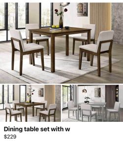Dining table set with chairs and bench
