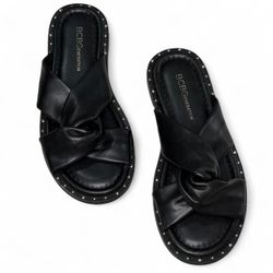 BCBGeneration Zexanna Rhinestone Silver Studded Knot Slides in Black  